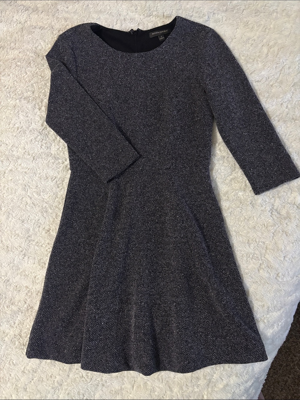 Banana Republic Black Tweed Fit & Flare Long Sleeve Dress